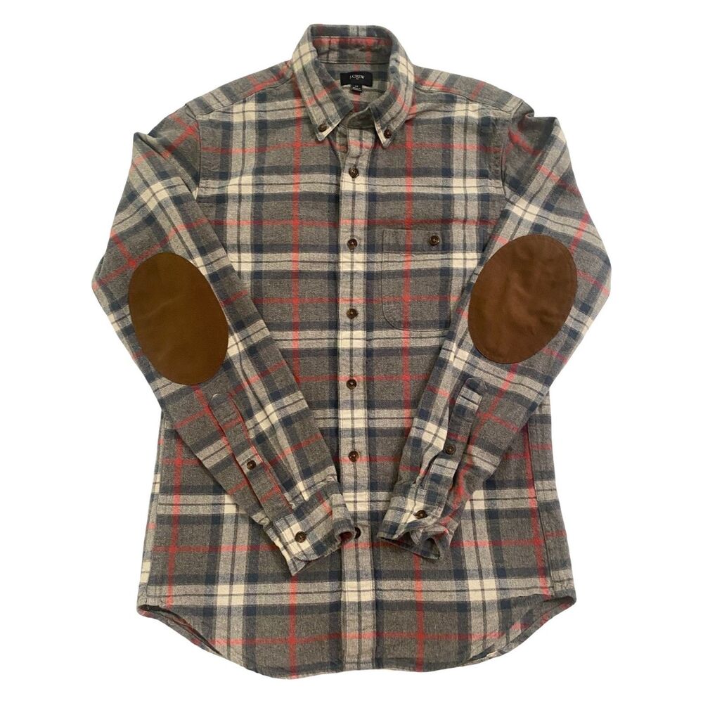 J Crew Men's Plaid Flannel Shirt XS Grey Red Elbow Patches Long Sleeve Cotton